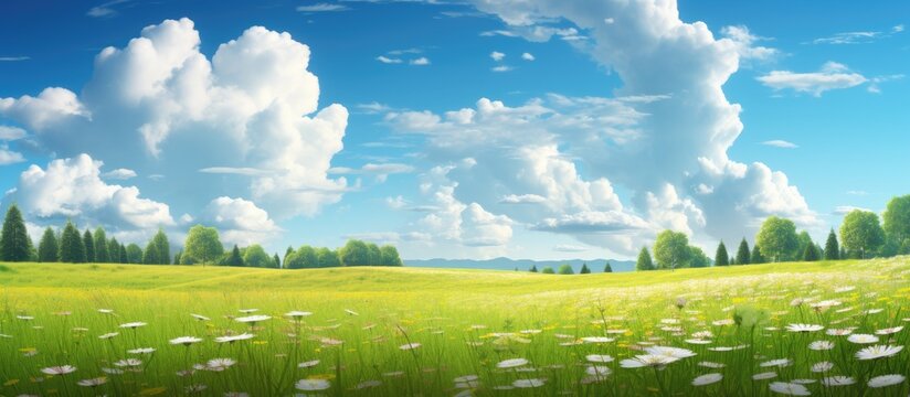 In the midst of a colorful summer, the vast field displayed a breathtaking scene of nature, with tall green trees and delicate pink flowers like dandelions, painting the sky with natural beauty. © AkuAku