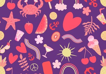 Summer cartoon doodle seamless rainbow and crabs and cherry and ice cream pattern for wrapping paper - obrazy, fototapety, plakaty