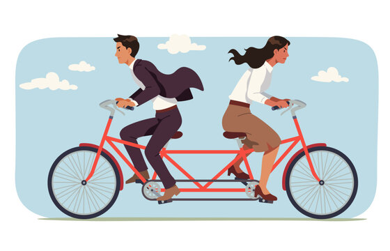 Business team disagreement conflict problem. Man and woman persons cycling tandem bicycle in opposite directions arguing. Unproductive team, misunderstanding concept flat vector illustration