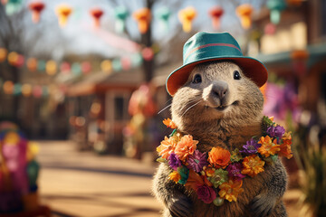 Groundhog Day. February 2nd, Punxsutawney Phil, hat, happy and smiling. folklore, superstition, weather forecasting, symbol of anticipation for changing seasons. banner, greeting card, copy space. - obrazy, fototapety, plakaty