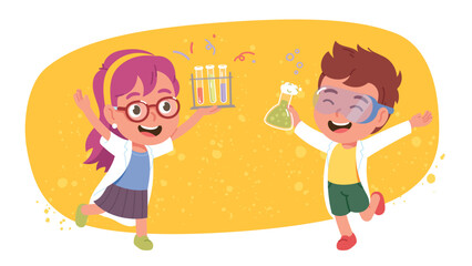 Children conducting chemistry science experiment. Happy scientists boy, girl kid persons holding test tubes, flask with chemical reaction. School laboratory education concept flat vector illustration