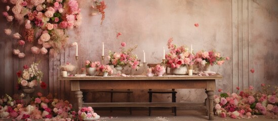 Fototapeta na wymiar In the vintage nature-themed room, a wooden table occupies the center space, adorned with an arrangement of beautiful floral decorations - a mix of roses and other vibrant blooms in shades of pink and