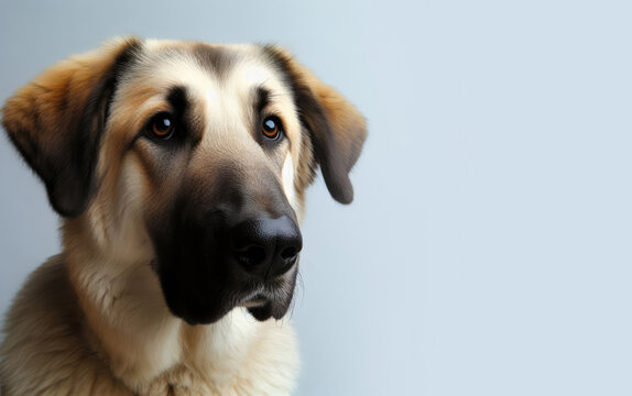 Portrait of a Turkish Kangal Shepherd Dog on a light gray background. Copy space for text, advertising, message, logo