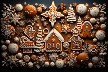 Fototapeta na wymiar Christmas gingerbread cookies with beautiful patterns, New Year's atmosphere. Top view. Generative AI.