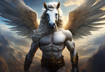 illustration dun homme musclé avec une tête de cheval sa crinière et des ailes de couleur blanc en posture guerrier portant une ceinture de métal sur un fond d'un ciel nuageux et sombre et de montagne
