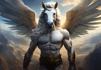 Fotobehang illustration dun homme musclé avec une tête de cheval sa crinière et des ailes de couleur blanc en posture guerrier portant une ceinture de métal sur un fond d'un ciel nuageux et sombre et de montagne © emmanuel