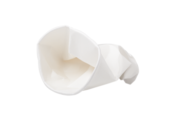 Crumbled White paper coffee cup on transparent