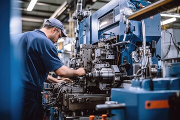Fototapeta premium Skilled individuals operating various machines in a manufacturing or industrial