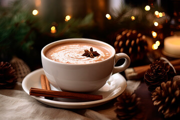 Obraz na płótnie Canvas A cup of hot cocoa with spices. Christmas mood. Generative AI