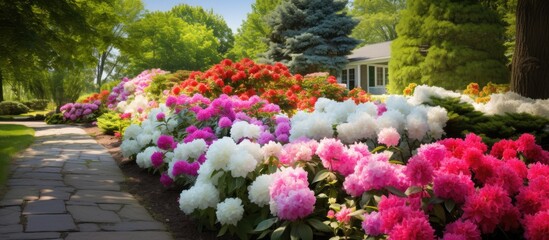 In the midst of a vibrant garden, a skilled designer carefully arranges an array of colorful flowers, showcasing the natural beauty of spring and summer. The garden is filled with a mixture of white