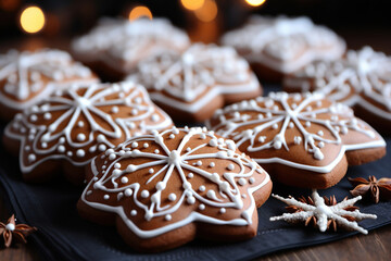 Obraz na płótnie Canvas Christmas gingerbread cookies with beautiful patterns, New Year's atmosphere. Top view. Generative AI.