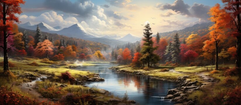 In the midst of the forest, a vibrant landscape unfolded, painted with the breathtaking colors of autumn: lush green grass, orange leaves adorning the trees, and a tapestry of colorful plant life