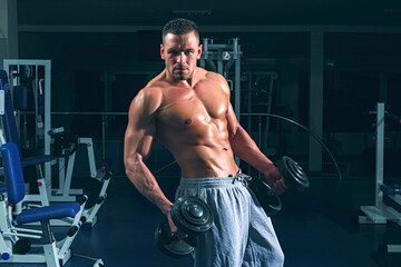 Fototapeta na wymiar Gym dumbbell workouts. Athletic men exercise with dumbbells. Sporty lifestyle. Attractive sports.
