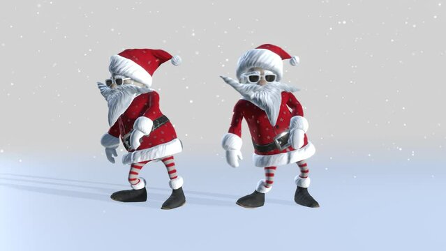 Two Santa Clauses dancing on a white background. Christmas party. Animated greeting card.