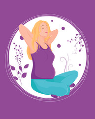 A4 book page format illustrated blonde pregnant woman in sitting pose on the purple background with circles and ornament shapes
