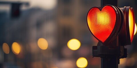 close-up of a traffic light with heart shaped lights, valentine's day theme
