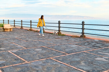 Woman dressed in yellow raincoat taking a walk along the seafront with her cute little Jack Russell...