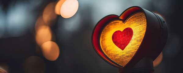 close up of a traffic light with heart shaped lights, valentine's day theme