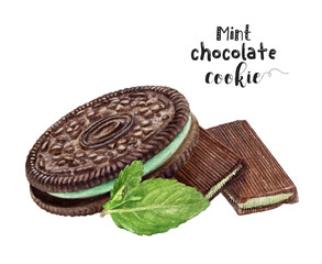 Watercolor illustration of mint chocolate cheesecake close up. Design template for packaging, menu, postcards.
