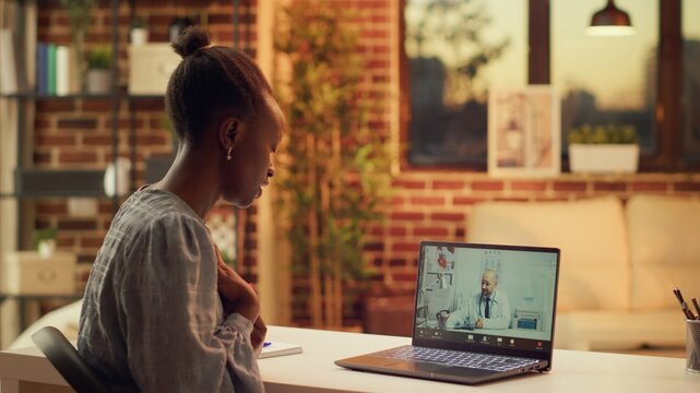 Woman asking doctor for advice using videocall connection, attending telemedicine conference with specialist to help with health problem. Person at online consultation, support service.