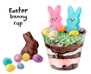 Watercolor illustration of Easter bunny cup dessert close up. Design template for packaging, menu, postcards.