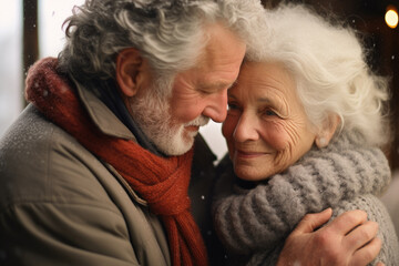 Close-up portrait of senior couple hugging outdoors.