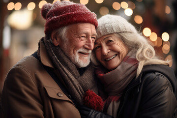 Obraz premium Outdoors portrait of senior couple on bokeh background.