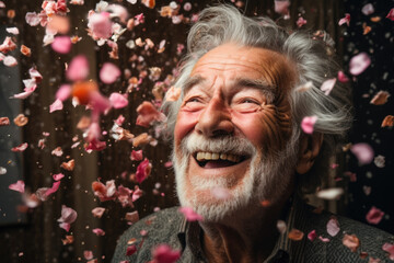 Close-up portrait of cheerful senior man with pink flower petals confetti.