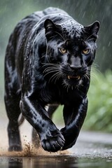 Naklejka na ściany i meble Black panther wandering in the rain