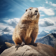 Marmot standing on the rock with clouds behind him.