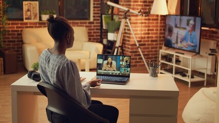 Developer discussing on videocall about new ideas for online project, creating freelance career...