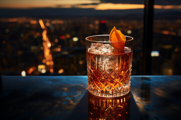 a beautiful cocktail at a rooftop bar overlooking a gorgeous city - obrazy, fototapety, plakaty