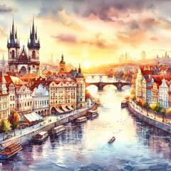 Fototapeta premium the city of Prague watercolor