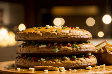 Vegetarian Pies stacked with vegetables.