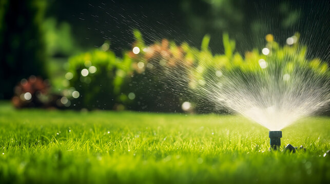 Un arroseur automatique qui irrigue le gazon vert d'une maison.