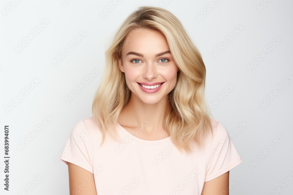 Wall mural pretty fictional norwegian woman smiling. natural beauty isolated on a plain white background. gener