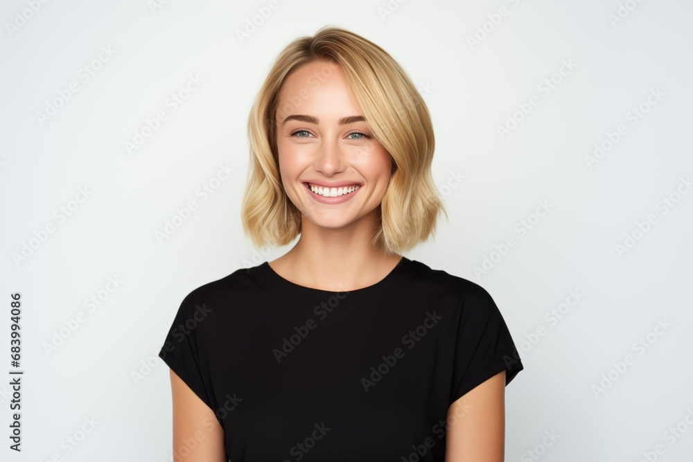 Wall mural Pretty Fictional Norwegian Woman Smiling. Natural Beauty Isolated on a Plain White Background. Generative AI.