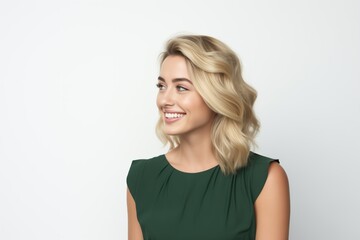 Pretty Fictional Swedish Woman Smiling. Natural Beauty Isolated on a Plain White Background. Generative AI.