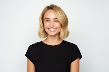 Pretty Fictional Norwegian Woman Smiling. Natural Beauty Isolated on a Plain White Background. Generative AI. - obrazy, fototapety, plakaty