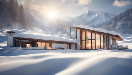 realistic image of a contemporary mountain retreat covered in fresh snow, with sunlight reflecting...