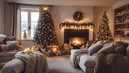 christmas decorated living room with decorated christmas tree, cozy blankets and pillows, fireplace warm lights, high detail