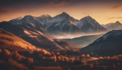 Zelfklevend Fotobehang beautiful landscape with mountains and nature, during sun set, warm colors © holdstillandclick