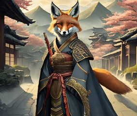 Illustration d'un renard debout en tenue d'un guerrier samouraï ou du soleil levant dans un décor traditionnel japonais le tout généré par l'intelligence artificielle - obrazy, fototapety, plakaty