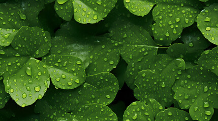 Seamless texture of green leaves with fresh raindrops