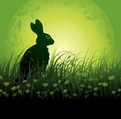 Mystic Silhouette: Enigmatic Rabbit Grazing in Verdant Fields at Dusk Generative AI