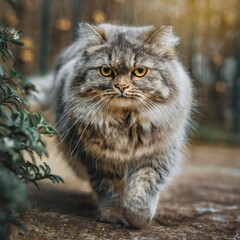 Naklejka na ściany i meble Angry looking fluffy gray manul pallas cat walking in the zoological garden