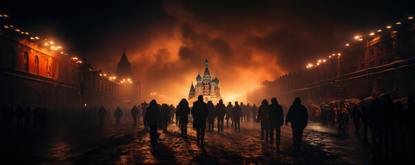 skyline of red square of the Russian capital Moscow on fire and war smoke and apocalyptical conflict with ruins and demonstration protests environment as wide banner design