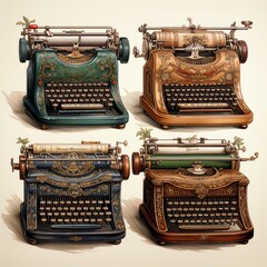 Explore the Charm of Vintage Engraving: Unraveling the History of 4 Unique Antique Typewriters! Generative AI - obrazy, fototapety, plakaty
