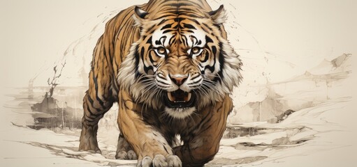 Obraz premium Stunning Artistry: Majestic Tiger Prowling in Serenity - Must-See Illustration Generative AI