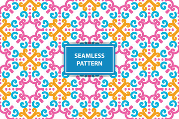 oriental pattern. White, blue, orange and pink background with Arabic ornaments. Patterns, backgrounds and wallpapers for your design. Textile ornament. Vector illustration.